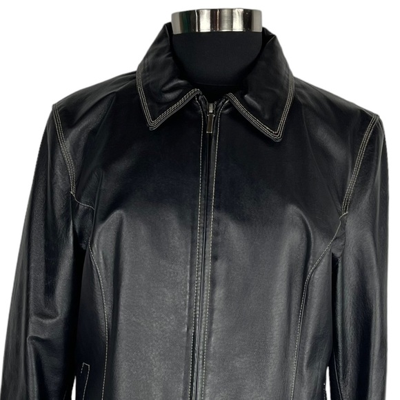 VINTAGE COLEBROOK 90S BLACK LEATHER STITCHED CLASSIC COLLARED ZIP UP MOTO JACKET - Picture 9 of 16